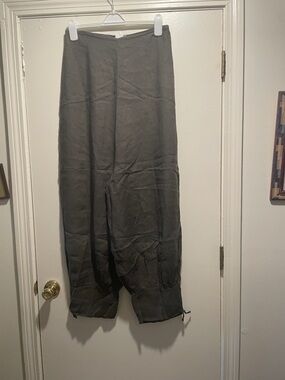 Sarah Pachini Linen Dark Green Gray Drop Crotch Linen Balloon Pants with Tie